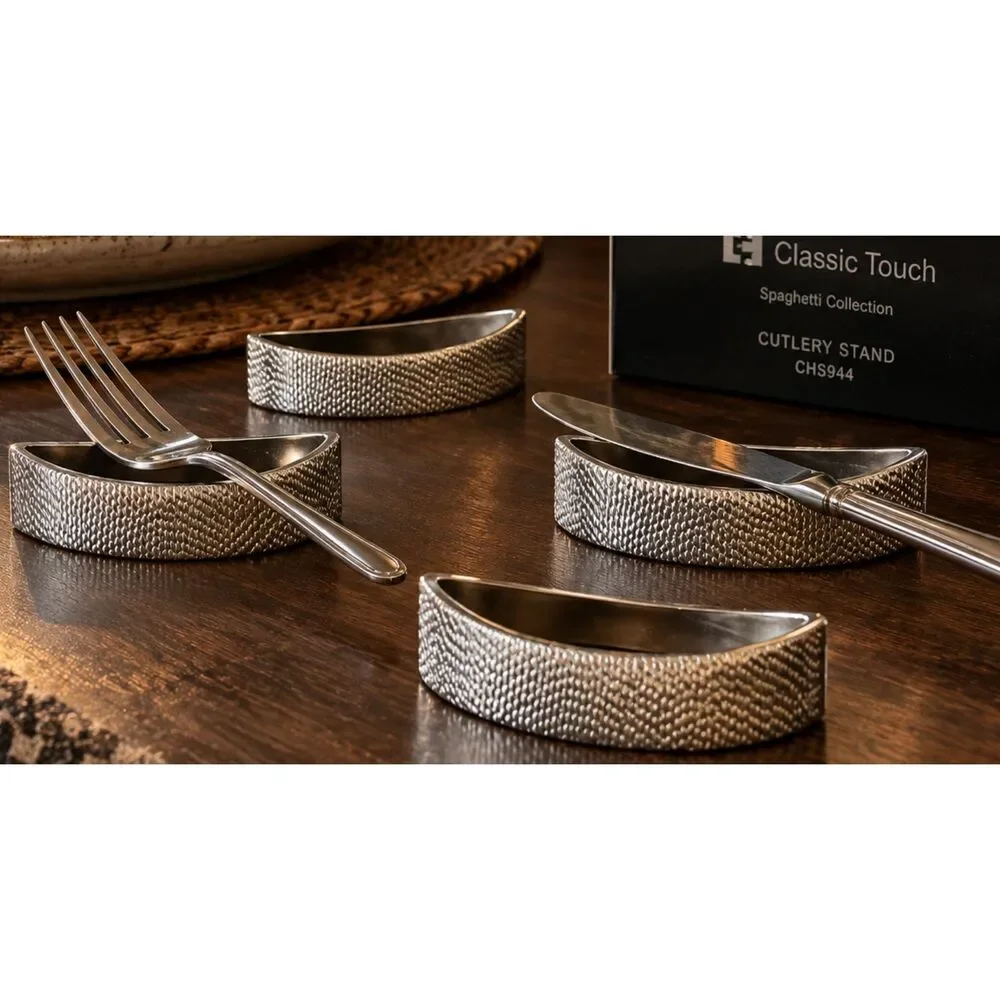 Classic Touch Nickel Spaghetti Cutlery Holders Set of 4 Silver Flatware Rests